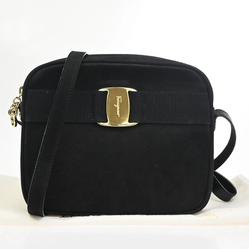 SALVATORE FERRAGAMO Vara Shoulder Crossbody Bag Suede Leather Black